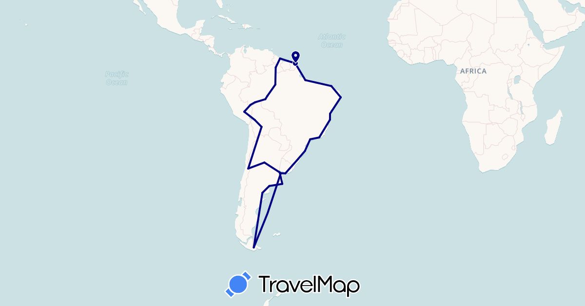 TravelMap itinerary: driving in Argentina, Bolivia, Brazil, Chile, French Guiana, Guyana, Peru, Suriname, Uruguay (South America)